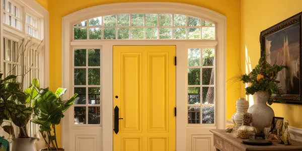 Beautiful Yellow Door With Glass From Inside Home