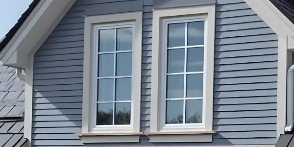 Newly Installed Grid windows on a light blue home