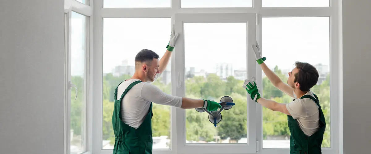 Men installing white window.